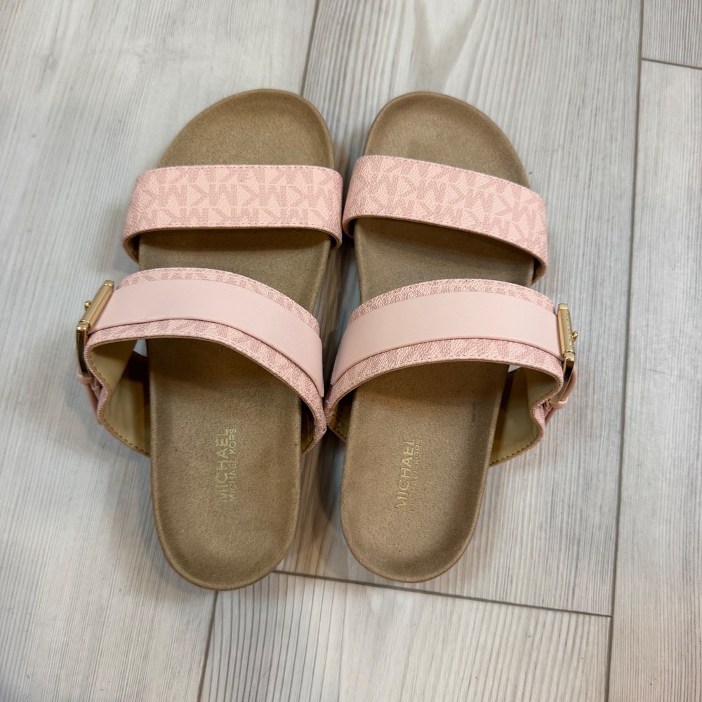 NEW Michael Kors Pink MK Logo Buckle Slide Sandals Mylah Leather Sandal 6.5M - Picture 5 of 8